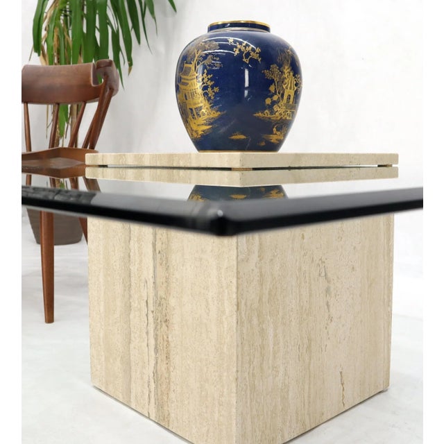 Large Square Travertine Base Glass Top Coffee Table For Sale - Image 9 of 13