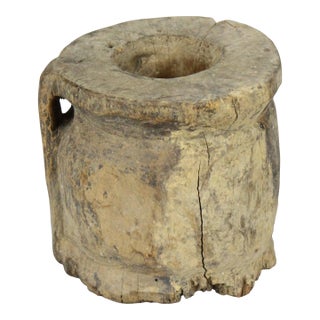 Antique Primitive Carved Wood Mortar With Handle For Sale