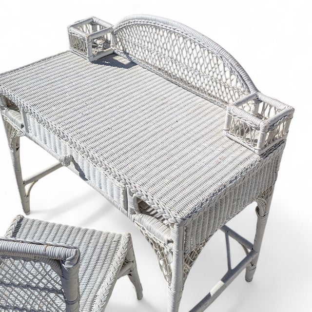 White Woven Wicker Writing Desk and Matching Side Chair For Sale - Image 18 of 18
