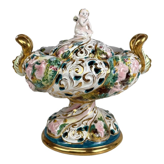 Vintage Italian Capodimonte Porcelain Cherub Double Handle Pedestal Bowl W/ Lid For Sale