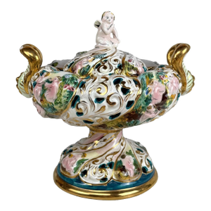Vintage Italian Capodimonte Porcelain Cherub Double Handle Pedestal Bowl W/ Lid