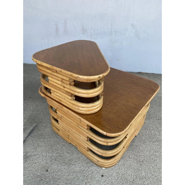 Mid-Century Modern 1950s Restored Stacked Two-Tier Rattan Corner Side Table For Sale - Image 3 of 7