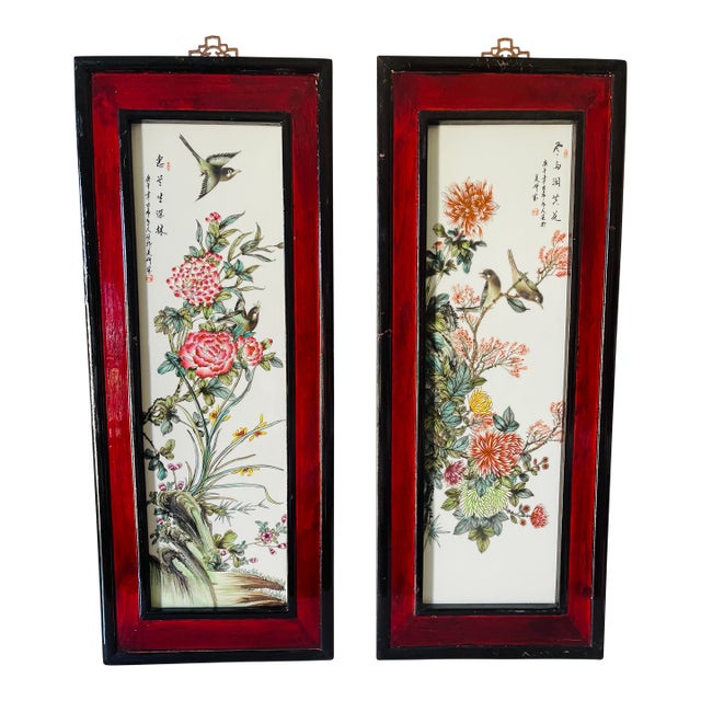 1900s Antique Chinese Qing Dynasty Porcelain Plaques Screen, Framed - Set of 2 For Sale