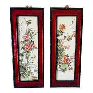 Early 1900s Antique Chinese Qing Dynasty Porcelain Plaques Screen, Framed - Set of 2