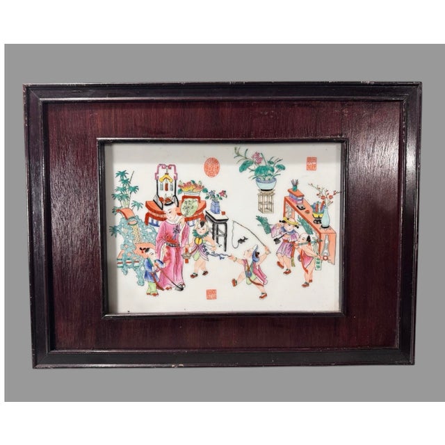 Rose Antique Chinese Famille Rose Hand Painted Scenic Porcelain Plaque With People For Sale - Image 8 of 8