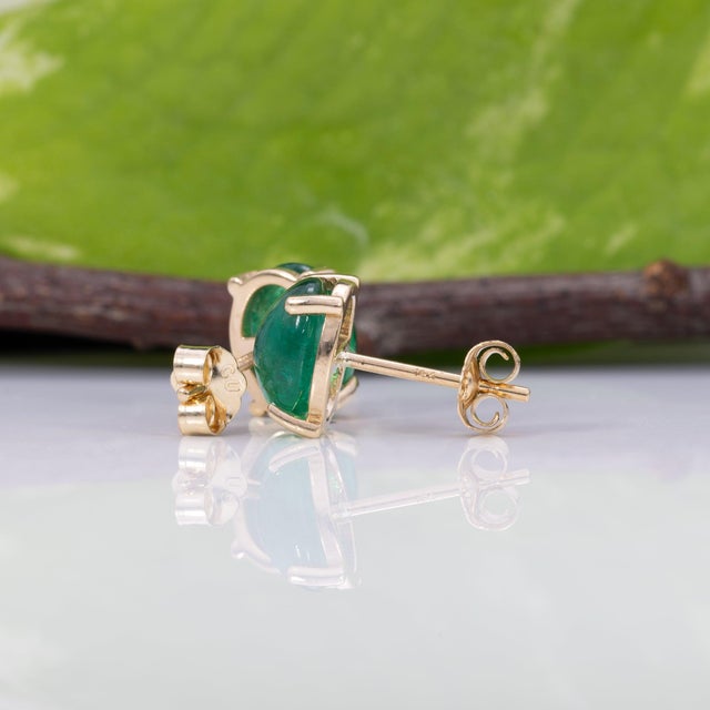3.7Ct Zambian Emerald Cabochon Solitaire Stud Earrings in Solid 14k Gold, 9x7mm For Sale In Columbus - Image 6 of 7