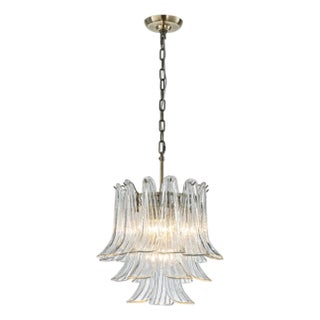 Mid-Century Modern Chandelier 3-Tier Clear Art Glass Pendant Light in Antique Bronze For Sale