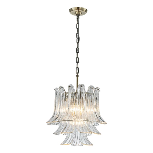 Mid-Century Modern Chandelier 3-Tier Clear Art Glass Pendant Light in Antique Bronze For Sale