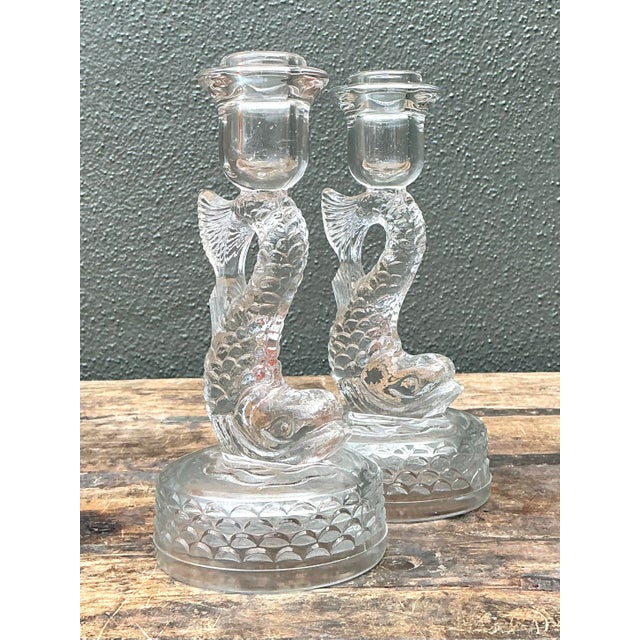 Grand Tour Vintage Dolphin Glass Candlesticks - A Pair For Sale - Image 3 of 12