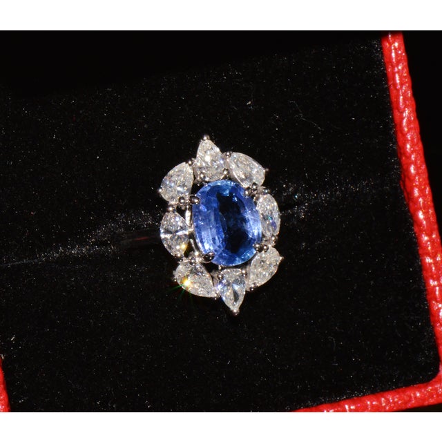 Gia Certified 3.29ct No-Heat Blue Sapphire & Diamond 18k Gold Halo Ring, Size 5.25 For Sale - Image 14 of 16