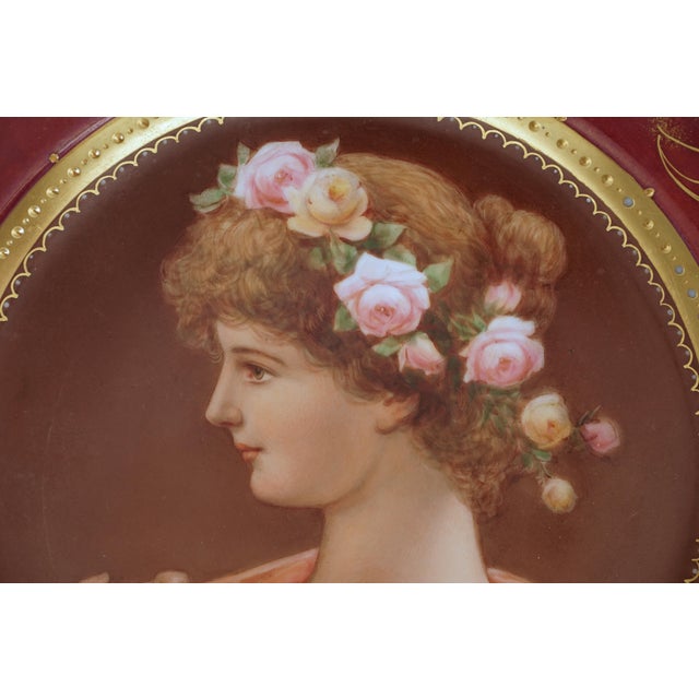 Traditional Antique Vienna-Style Portrait Cabinet Plate by Ahne Young Woman With Roses Burgundy & Gilt For Sale - Image 3 of 6