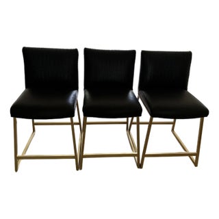 Massoud Black Leather and Brass Counter Stools - Set of 3 For Sale