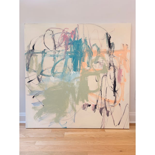 Acrylic on canvas, 48 x 48 x 1.5. Edges painted the same creamy white as background, back wired, ready to hang. Signed on...