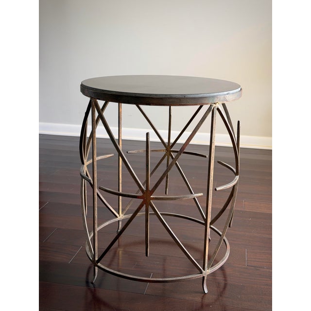 Hollywood Regency Gold Leaf Wrought Iron Side Table Black Stone Granite Top Vintage Geometric Metal Starburst Accent Drink Table Arturo Pani Style For Sale - Image 10 of 12
