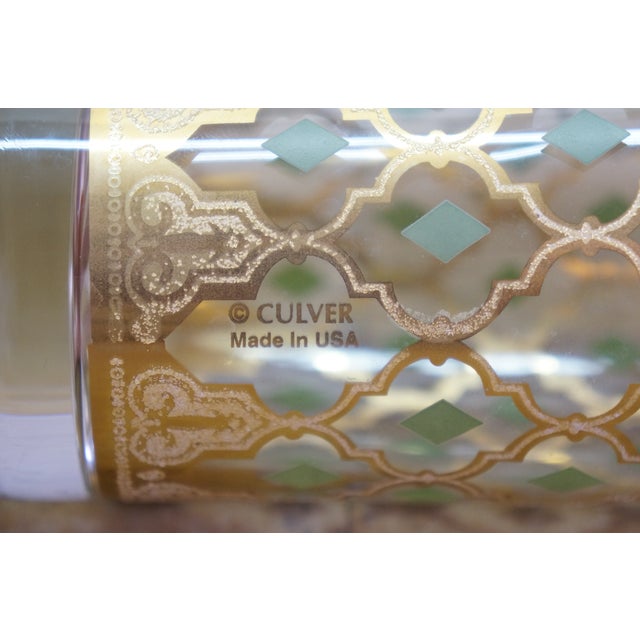 1960s Mid Century Modern Culver Valencia 22k Gold Green Lattice Highball Glasses - 7 pcs For Sale - Image 11 of 12