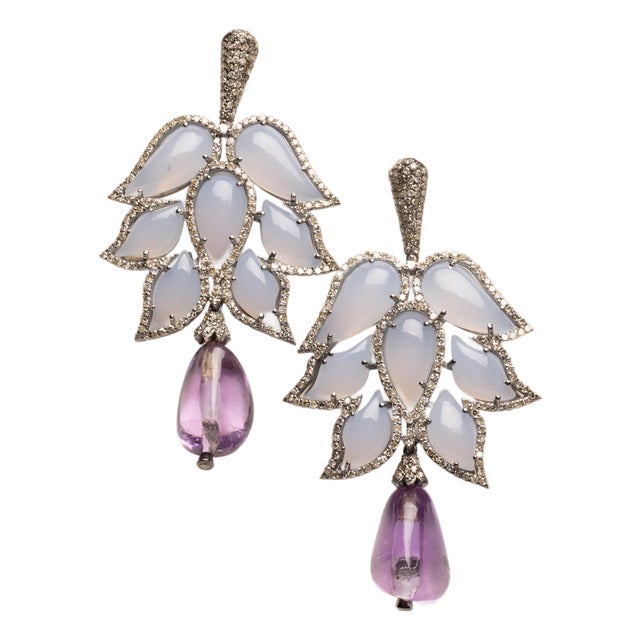 1990s Pair of Chandelier Earrings With 25.10ct Chalcedony, 2.50ct Diamonds, Amethyst For Sale