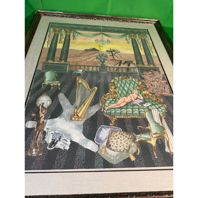 An original watercolour and gouache over pen-and-ink and graphite on heavy deckle-edged paper: a stage-like interior of...