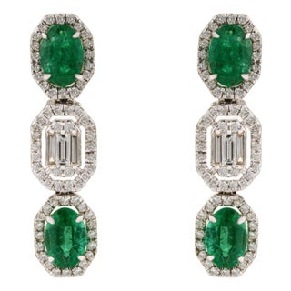Art Deco-Inspired 1.66ct Emerald & Baguette Diamond Drop Earrings 14k Gold- 2 Pieces For Sale