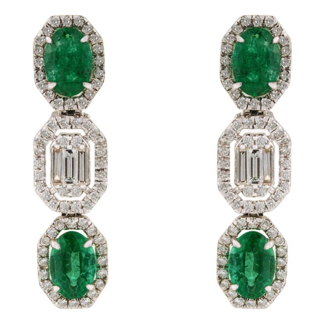 Art Deco-Inspired 1.66ct Emerald & Baguette Diamond Drop Earrings 14k Gold- 2 Pieces For Sale