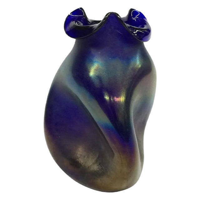 Bohemian Cobalt Iridescent Vase, 1900s For Sale