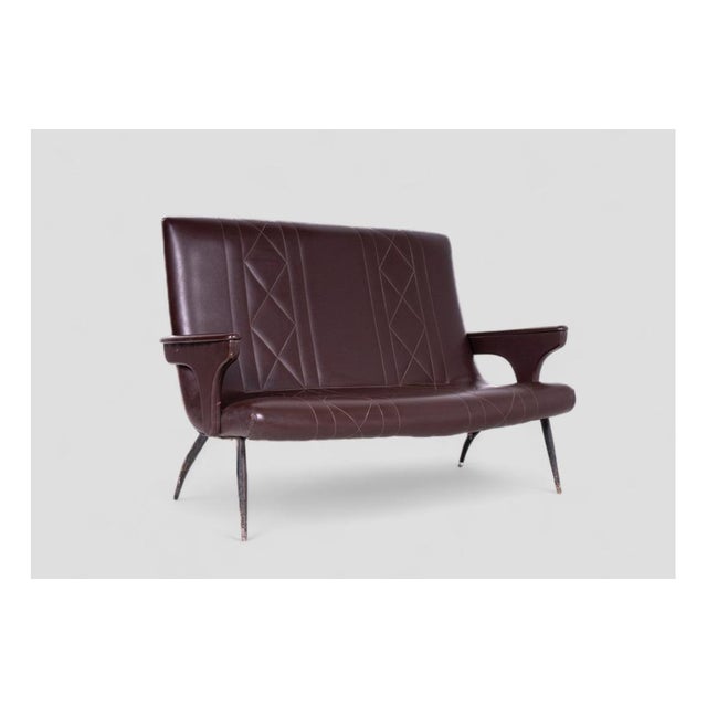 Vintage Two-Seater Sofa in Brown Skai with Metal Legs For Sale - Image 3 of 9