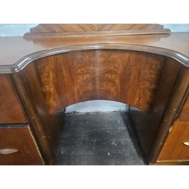 1930s Art Deco Waterfall Burl Wood Vanity With Circular Mirror For Sale - Image 4 of 12