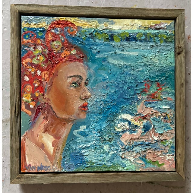 Sky Blue Portrait of a Woman, Original Oil Painting, by Van Ness For Sale - Image 8 of 9