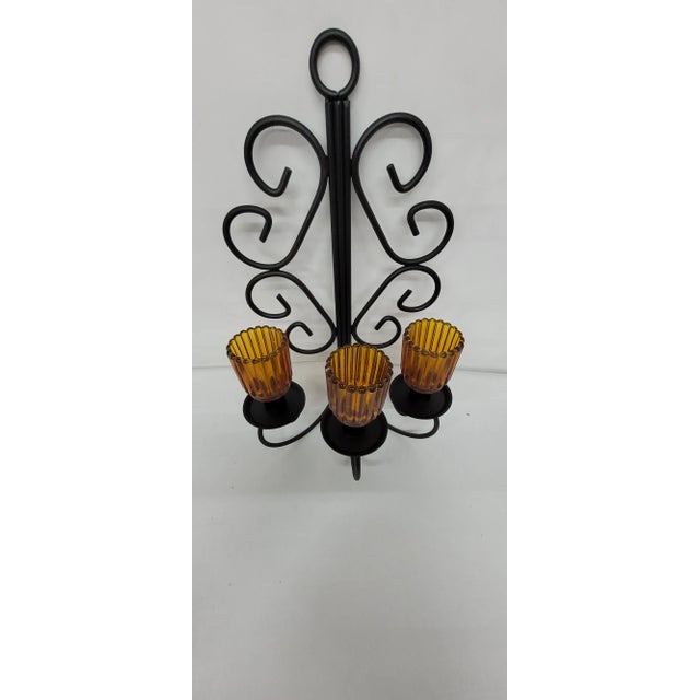Mid-Century Metal Wall Sconce Wrought Iron Candelabra Gold Glass Globes For Sale - Image 9 of 9