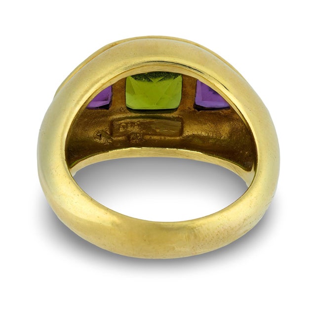 1980s David Yurman Peridot Amethyst 14k Yellow Gold Three Stone Ring, Size 6.25 For Sale In Los Angeles - Image 6 of 6