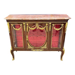 French Style Vitrine Cabinet Marble Topped With Velvet Interior For Sale