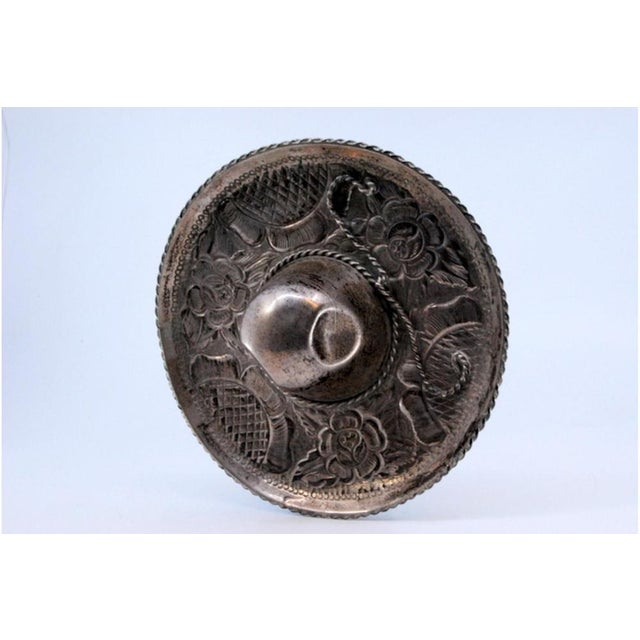 Metal Mexican Hat in Silver with Corded Application and Relief Engravings For Sale - Image 7 of 9