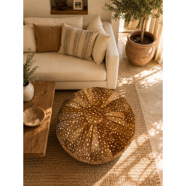 Handmade Moroccan Leather Hair-on-Hide Pouf | Luxury Boho Accent Stool For Sale - Image 4 of 5