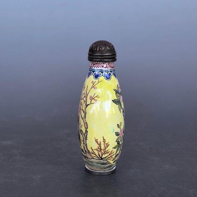 Vintage Painted Enamel on Copper Snuff Bottle – Crane & Peach Motif For Sale In Los Angeles - Image 6 of 9