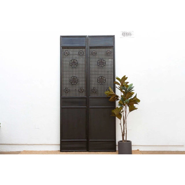 Chinese Pair of Tall Antique Black Lattice Screens For Sale - Image 3 of 10