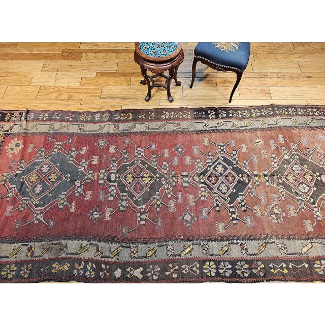 Vintage Turkish Tribal Kilim, Flat-Woven Medallion Pattern, Burgundy & Ivory, 5x11 For Sale - Image 13 of 13