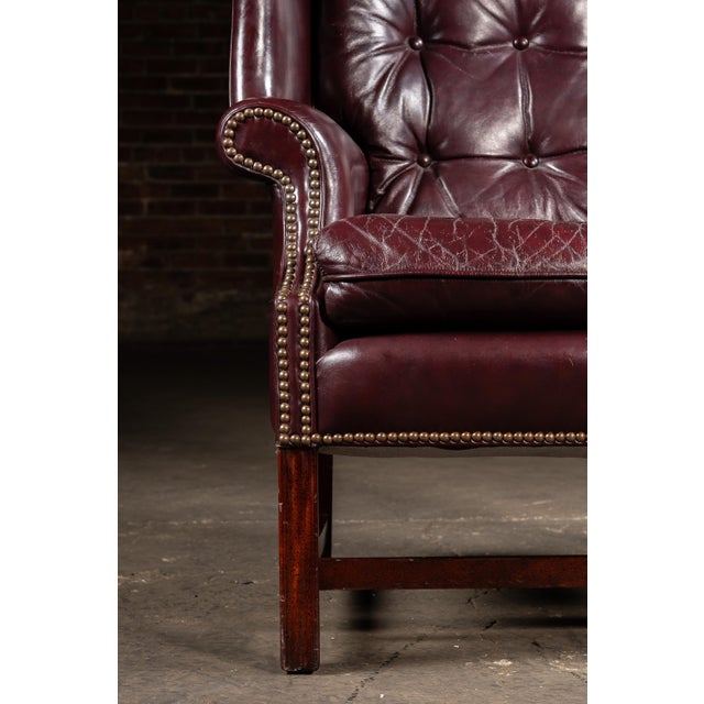Mid 20th Century Tufted Leather Wingback Chesterfield Armchair With Ottoman in Oxblood For Sale - Image 13 of 15