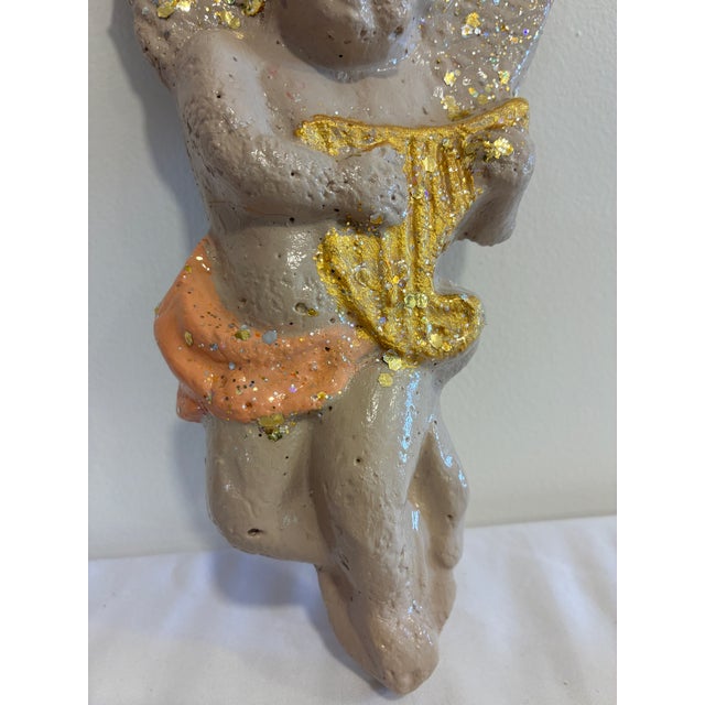 Ceramic Vintage Chalkware Cherub Angel Wall Plaque With Harp For Sale - Image 7 of 10