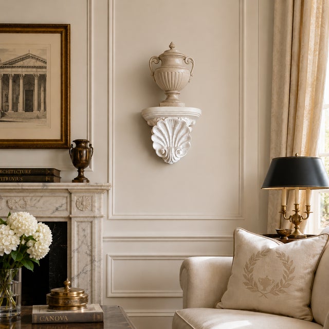 An Extra Large Plaster Wall Bracket Shelf featuring a Large Rocaille Shell reminscent of Serge Roche Has 2 Wire Hangers...