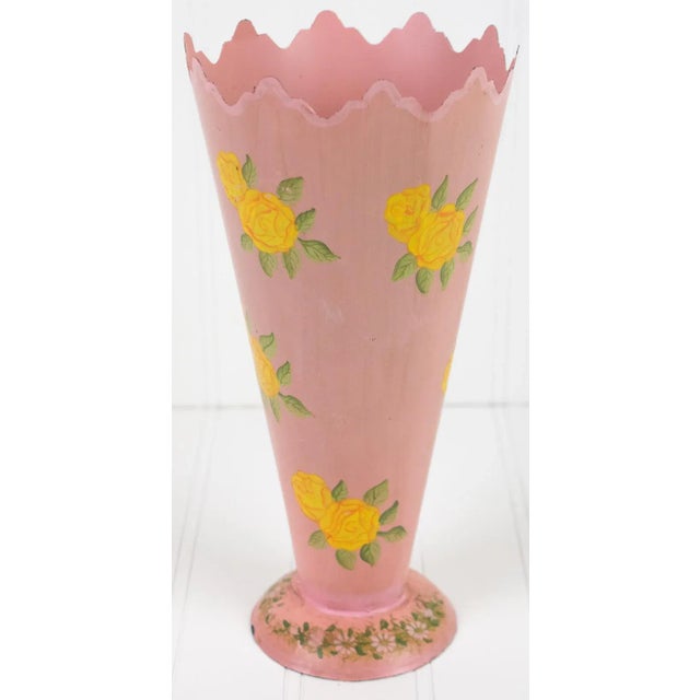Vintage 1960's Pink With Yellow Flowers Metal Tin Vase For Sale - Image 12 of 12