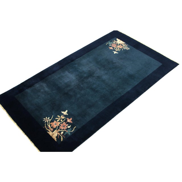 Vintage Chinese Deco Style Rug in Deep Blue, Tangerine, Red, Beige Floral Pattern For Sale - Image 4 of 6