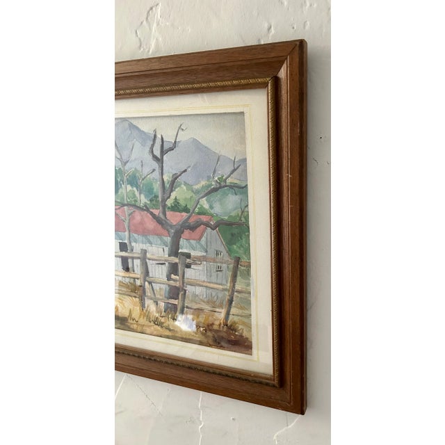 Mid 20th Century Vintage Original Watercolor Painting “Red Roof Farmhouse”, Framed For Sale - Image 5 of 9