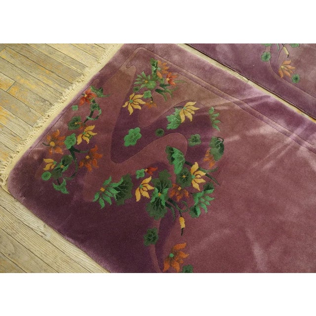 1920s Purple Floral Antqiue Pair of Chinese Art Deco Carpets 3' X 4'7" Knotted Wool Rugs For Sale - Image 4 of 12