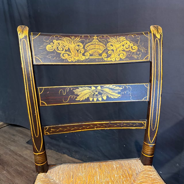 Wood Early 19th Century American Painted Hitchcock-Style Side Chairs With Rush Seats and Gilt Stenciling For Sale - Image 7 of 12