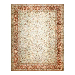 Light Ivory Field Rustic Floral Pattern Antique 19th Century Persian Tabriz Rug For Sale