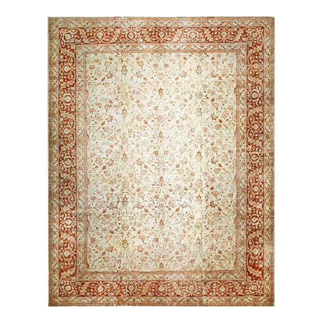 Light Ivory Field Rustic Floral Pattern Antique 19th Century Persian Tabriz Rug For Sale