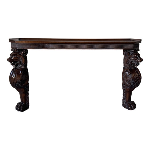 Vintage Hollywood Regency Style Carved Lion Wood Console Table For Sale