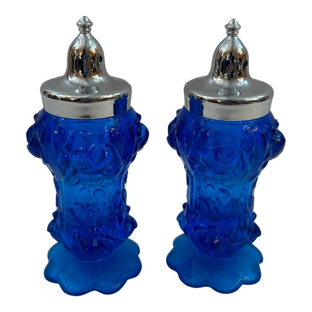 Cobalt Glass and Chrome Salt and Pepper Shakers a Pair For Sale