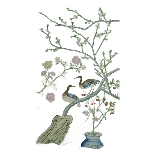 Green Chinoiserie Silk Wallpaper | Hand-Painted Birds, Flowers Mural For Sale