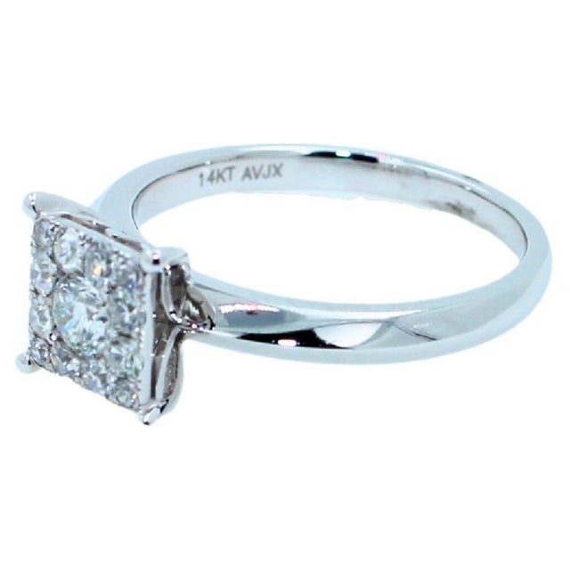 0.50 Carats Diamond Square Halo Round Pave Engagement Cocktail White Gold Ring 0.50 cts Diamonds 14K White Gold Size 7