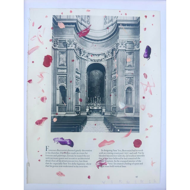 Multi-colored framed painting on vintage paper by Virginia Chamlee. Pastel and paint on a page of a vintage art book....